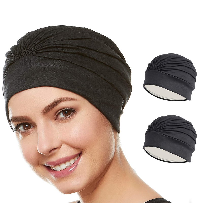 Beemo Swim Caps for Women Swimming Turban Polyester Latex Lined Pleated for Ladies-2pk Blk/BLK - Image 1